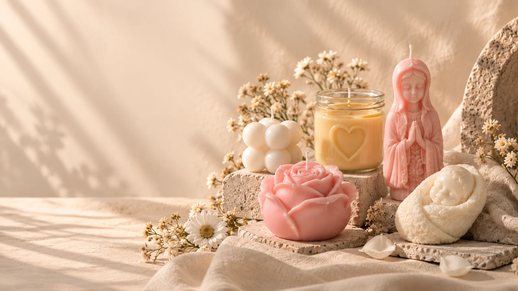 Composición de velas artesanales Auristal: rosa, mano de Fátima, bebé durmiendo, frasco con corazón y pack de bubble, sobre piedra y lino con flores secas